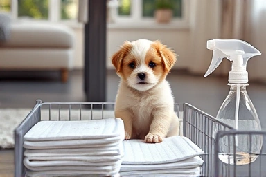 Puppy and essential potty training supplies.